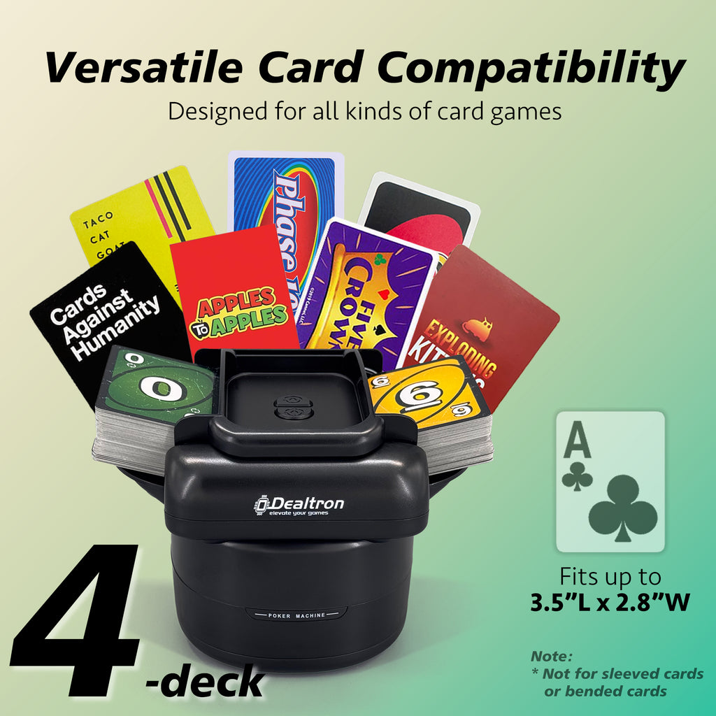 X4 fits cards up to 3.5 by 2.8 inches, from poker decks to UNO