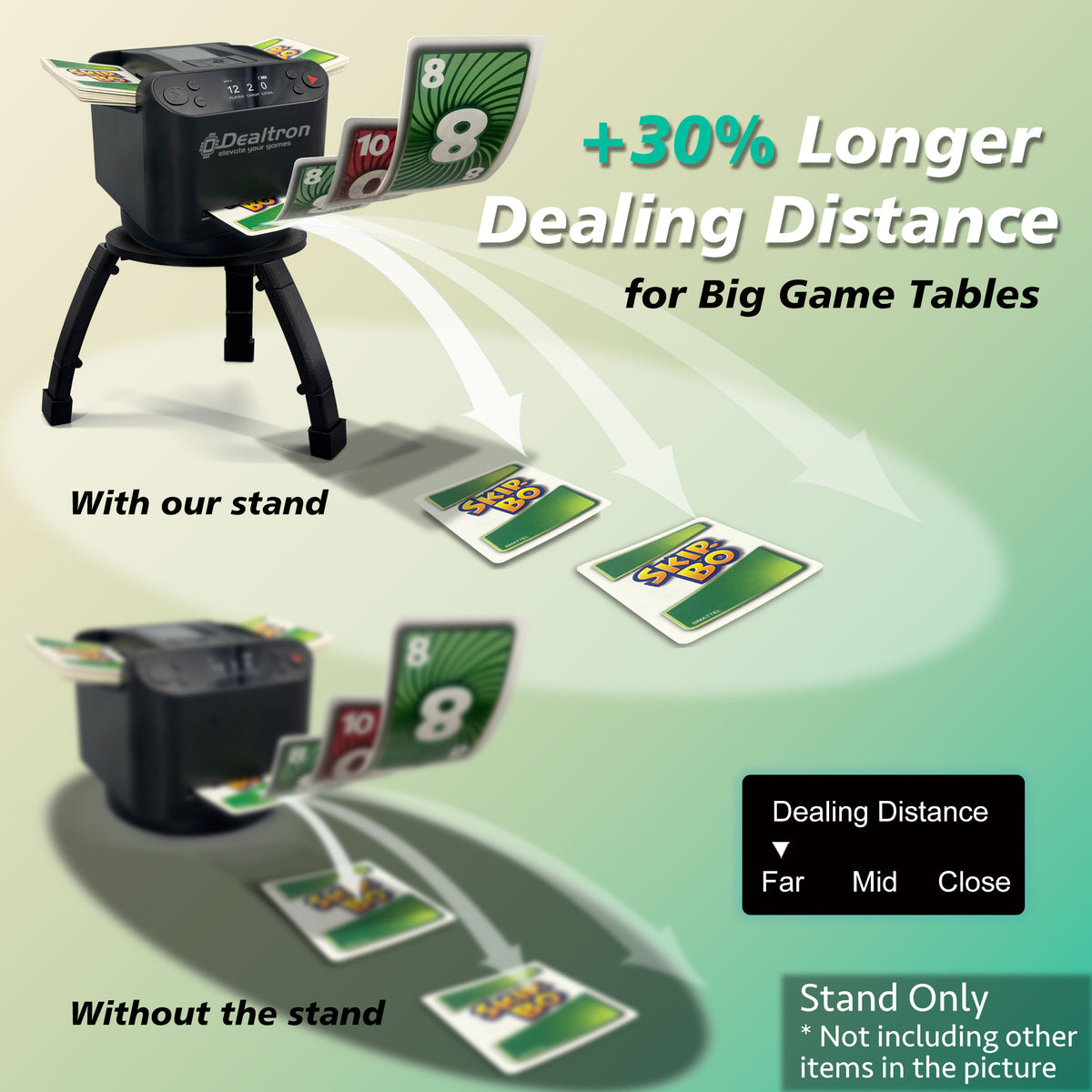 Stand adds about 30 percent dealing distance for bigger tables