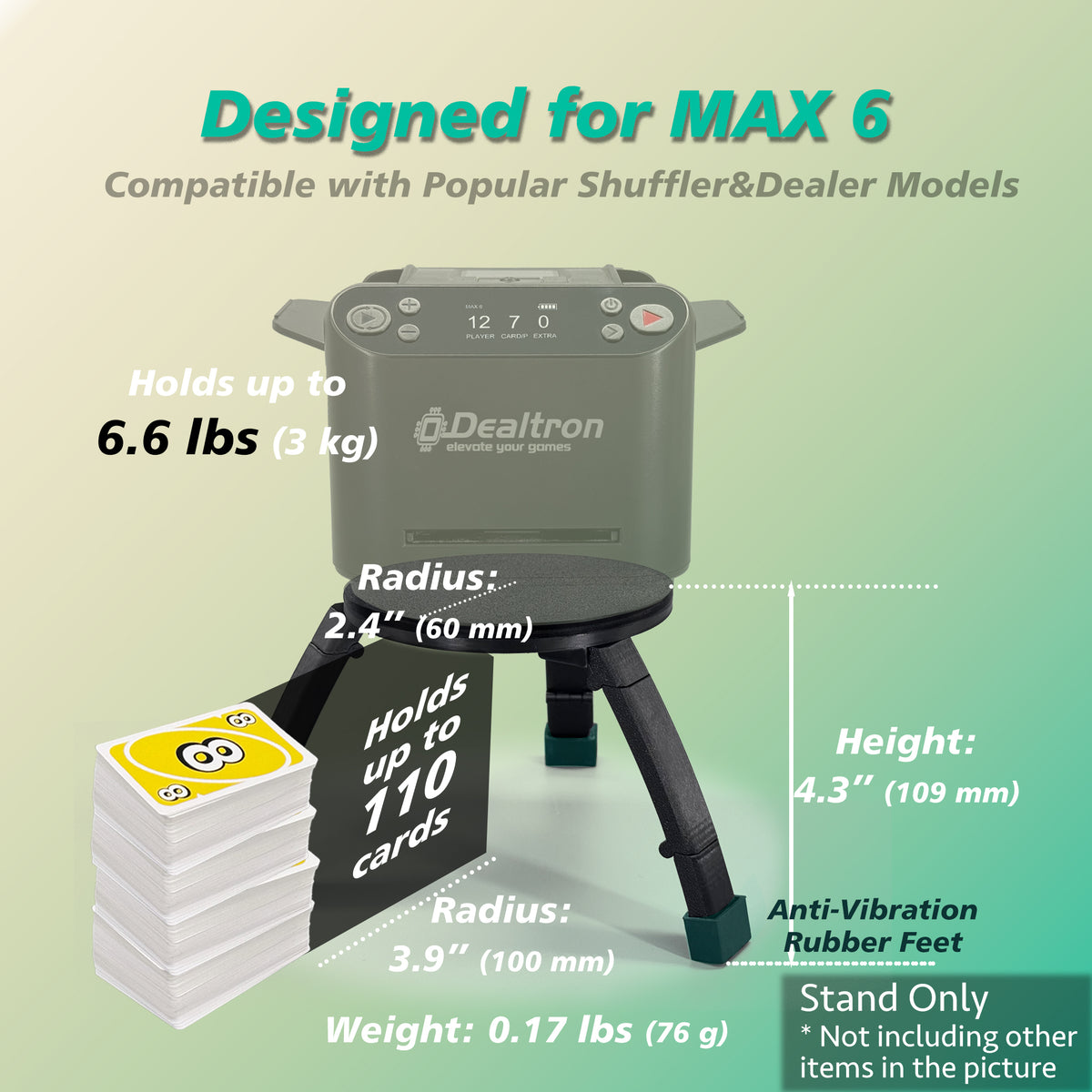 Stand specifications: 4.5 inches tall, holds up to 6.6 pounds and 110 cards